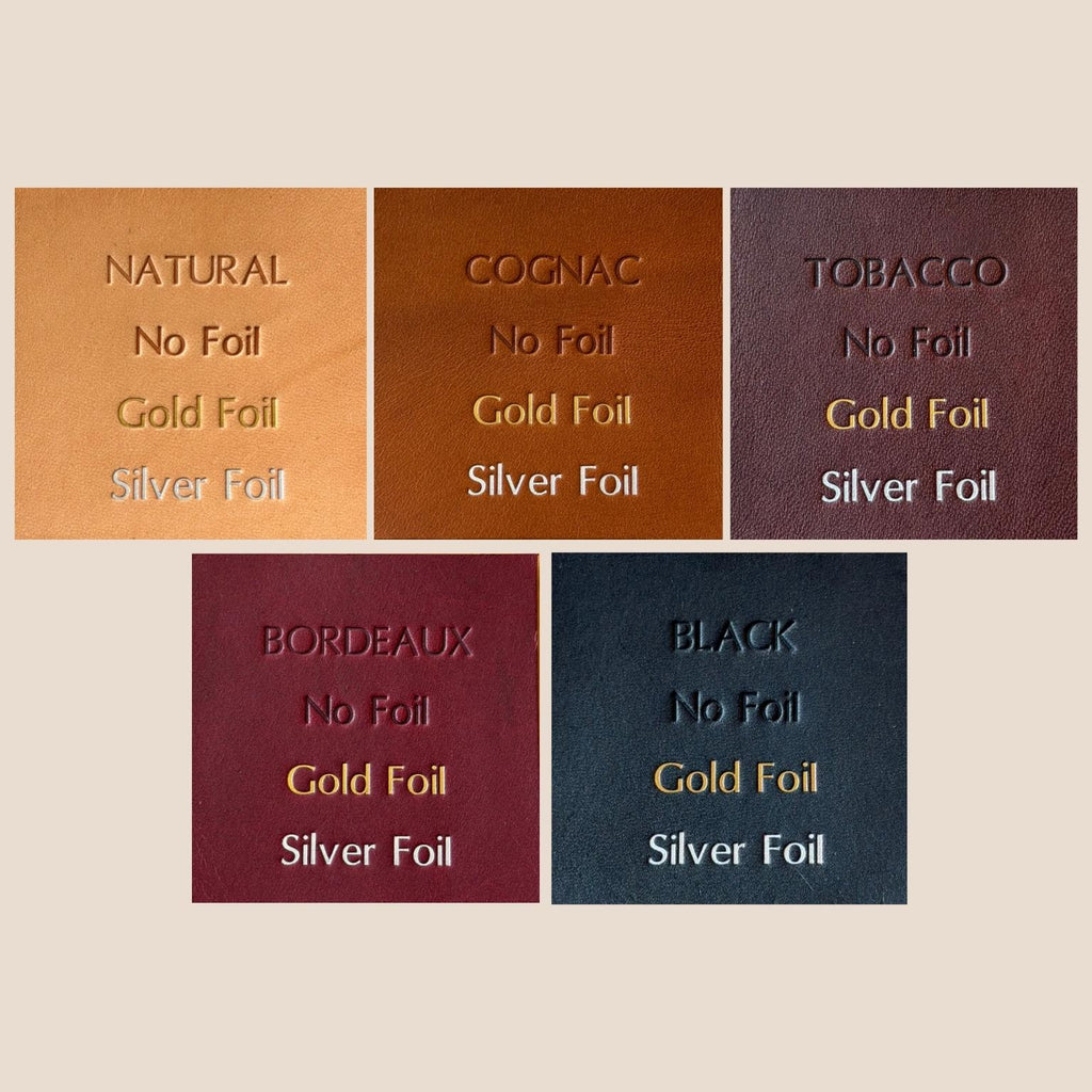 Five Floramoon leather colorways in Natural, Cognac, Tobacco, Bordeaux, and Black, each shown with No Foil, Gold Foil, and Silver Foil embossing samples