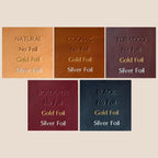 Five Floramoon leather colorways in Natural, Cognac, Tobacco, Bordeaux, and Black, each shown with No Foil, Gold Foil, and Silver Foil embossing samples