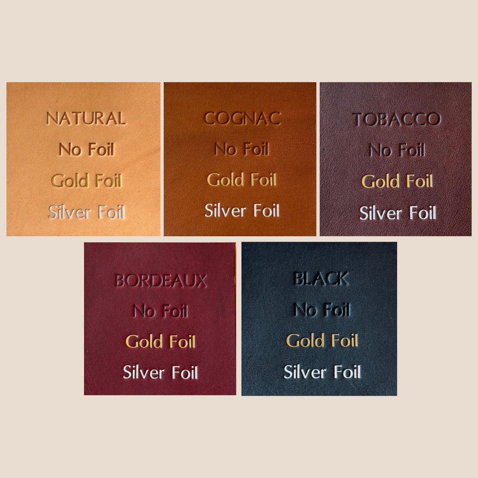 Five Floramoon leather colorways in Natural, Cognac, Tobacco, Bordeaux, and Black, each shown with No Foil, Gold Foil, and Silver Foil embossing samples