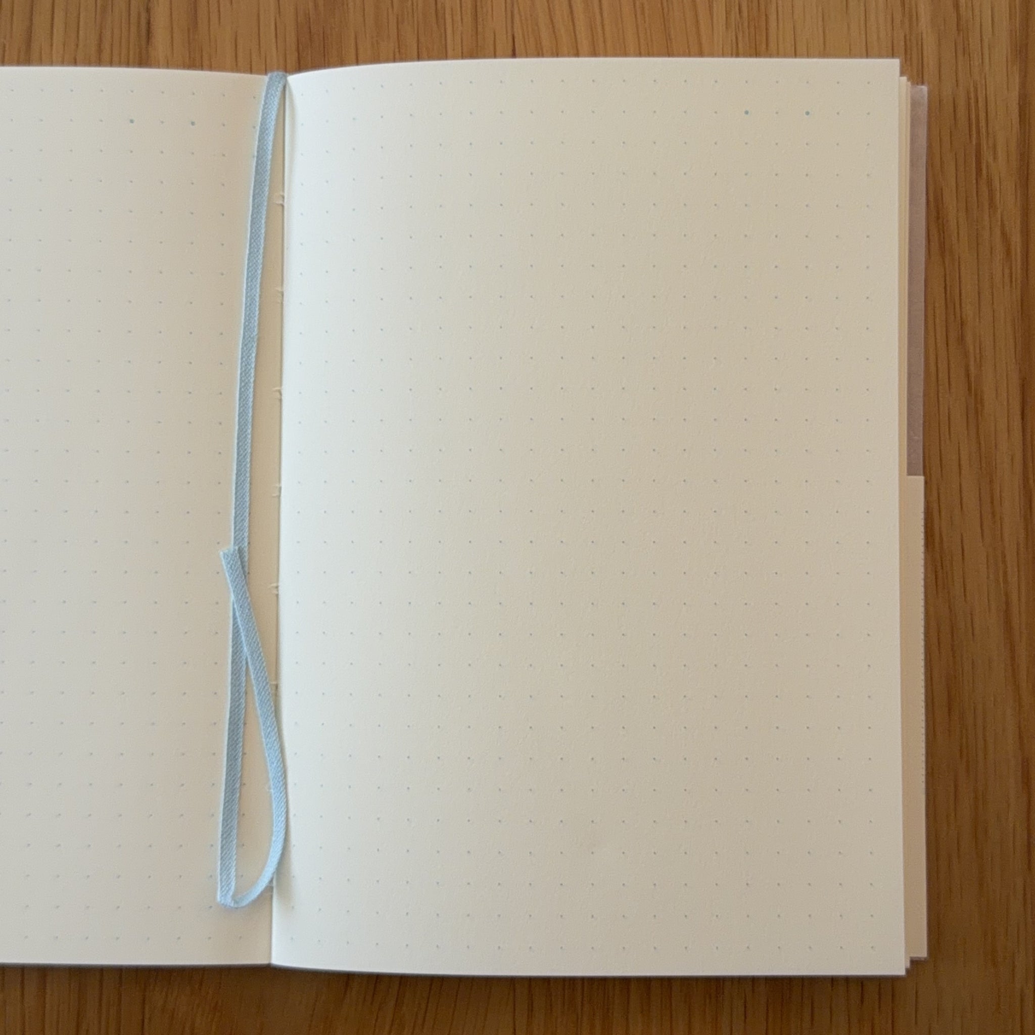 Midori MD Notebook A5 open to show the dot grid MD Paper and its bookmark string